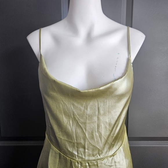 Urban Outfitters Mallory Asymmetrical Metallic Lime Green Slip Dress Size Medium - Picture 4 of 11